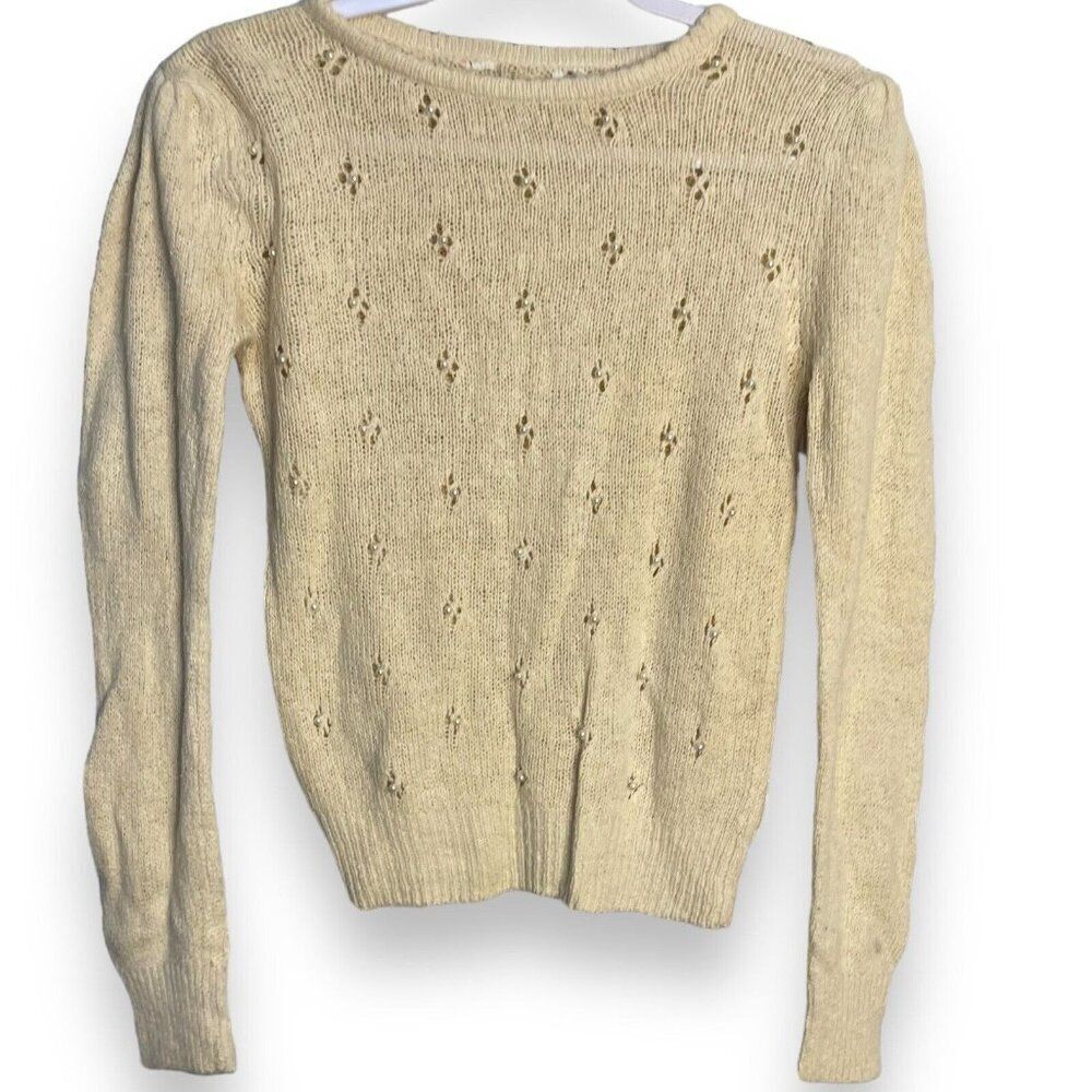 Pull Over Open Knit Beaded Sweater Womens Small Cream Retro Long Sleeve Boho Y2K